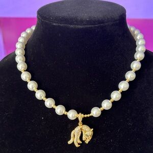 Elegant Pearl Necklace with Gold Panther Pendant